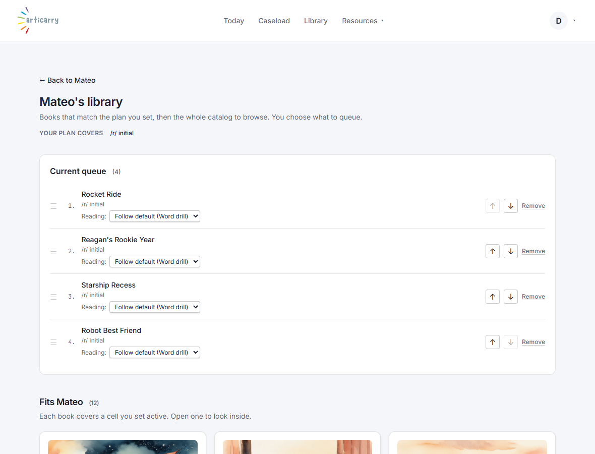 The fit-shelf library: a 'Fits Mateo' shelf of book cards, each listing the active cells it covers ('Covers /r/ initial, word level, a cell you set active'), the reading level, and an interest match ('Space, one of Mateo's picks').