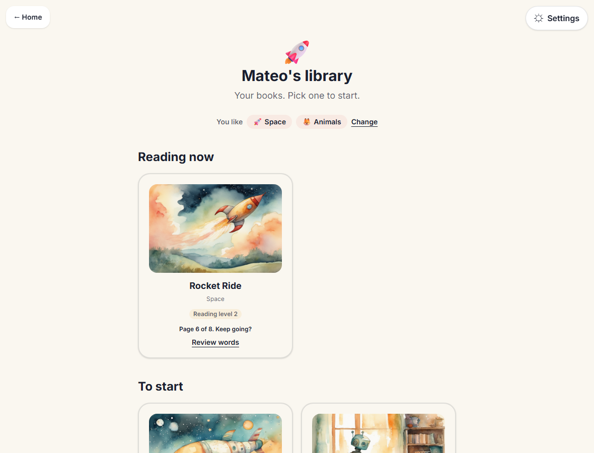 The child's library: 'Mateo's library: your books, pick one to start', a 'You like Space, Animals' row, and book cards under 'Reading now' and 'To start', each with its own cover picture.