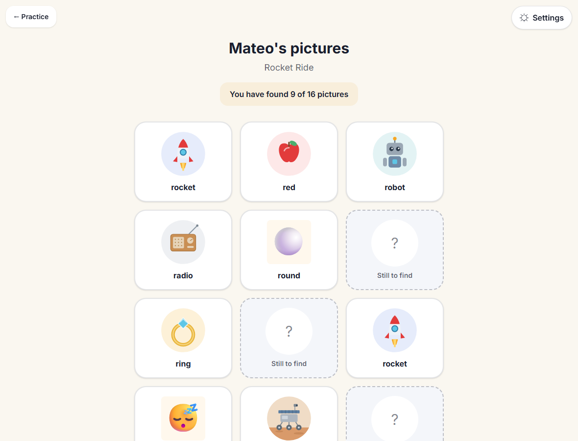 A child's picture collection: 'Mateo's pictures', 'You have found 9 of 16 pictures', a grid of colorful drawn pictures the child has collected, and faded 'Still to find' placeholders.