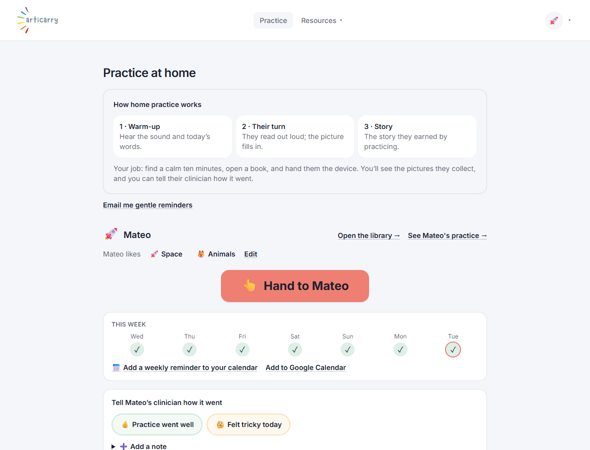 The parent's home view: 'Practice at home' with a short 'how home practice works' guide, the child's interests, a big 'Hand to Mateo' button to start, a strip of the days practiced this week, a quick note to send the clinician, and the child's library of assigned books.
