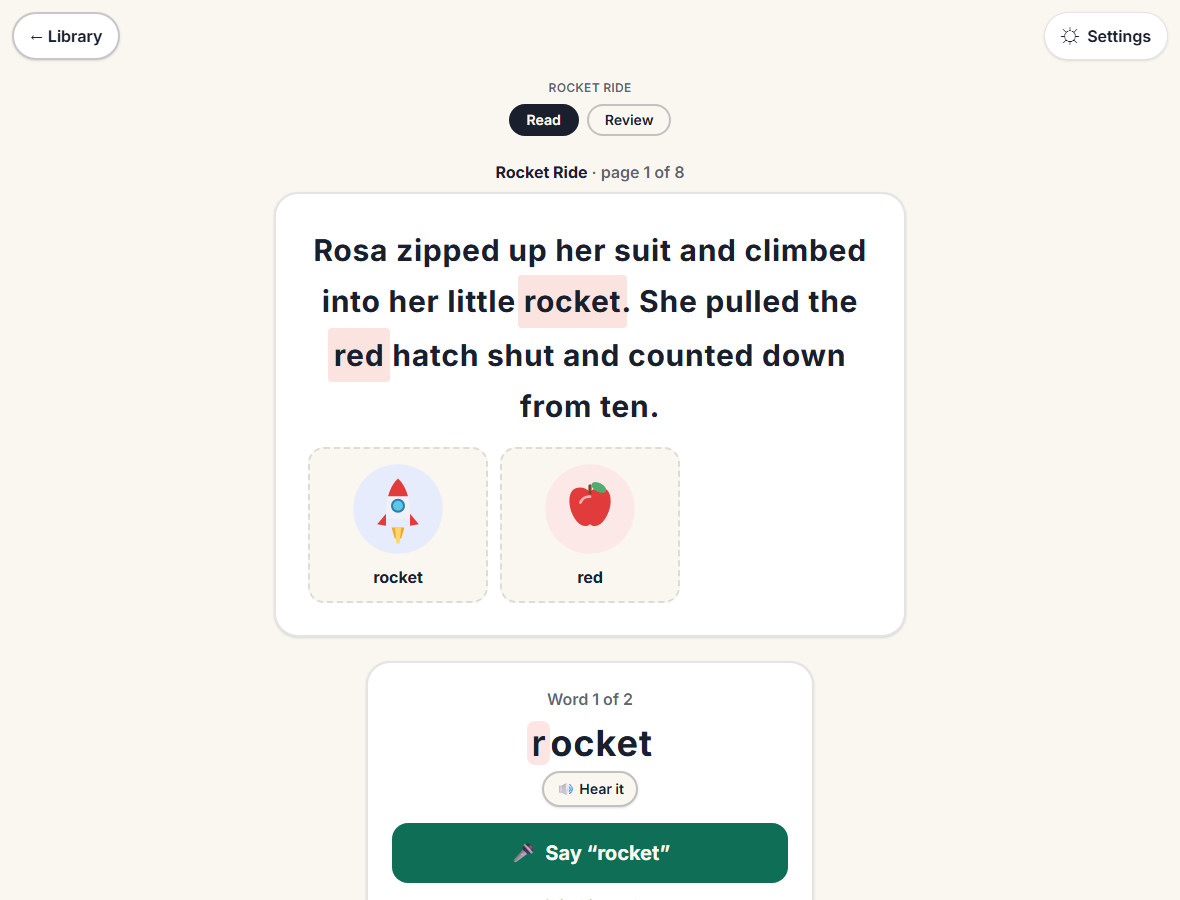 The child's reading screen from 'Rocket Ride': a story page ('Rosa zipped up her suit and climbed into her little rocket. She pulled the red hatch shut and counted down from ten.') with its /r/ practice words as colorful picture cards, the current word ('rocket') shown large with a 'Hear it' button and a 'Say rocket' button. No score anywhere.